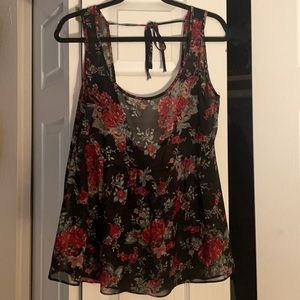 Floral See-Thru Back-Tie Open Back Blouse, Size L